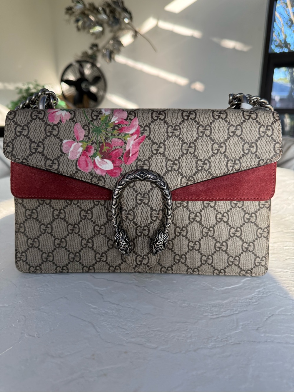 Gucci Beige Monogram Floral Shoulder Bag with Red Suede Trim